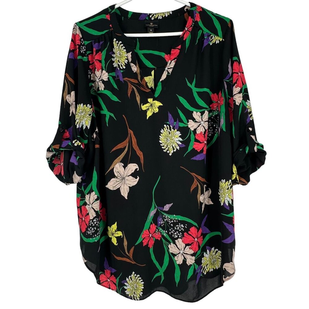 Worthington Woman 1X Black Colorful Floral V Neck Tunic Roll Up Sleeve Flowy